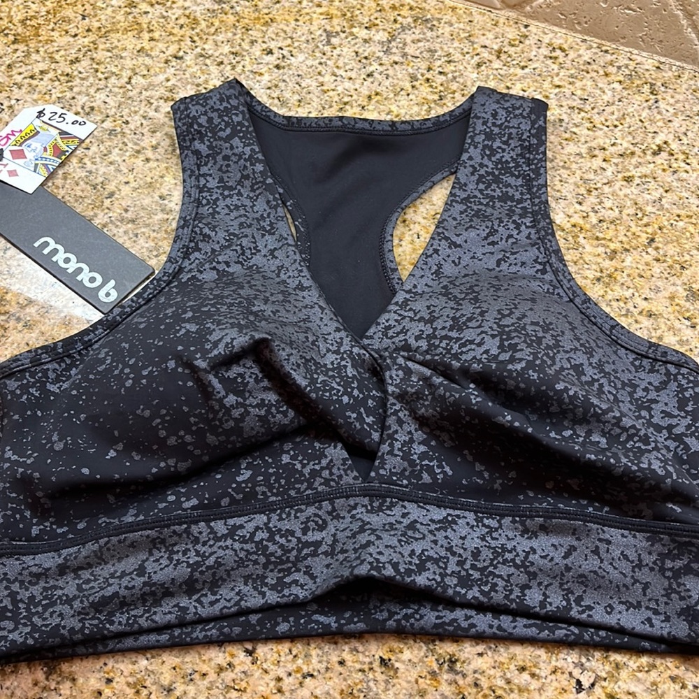 Small MonoB racer back sports bra; removable pads; black w/silvery gray splatter